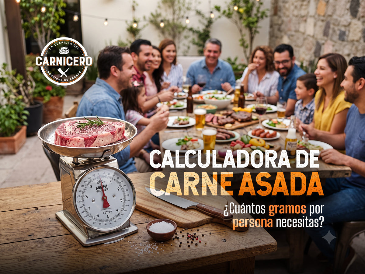 Parrillada familiar con diferentes cortes de carne de res y el título "Calculadora de carne asada: ¿Cuántos gramos por persona necesitas?"