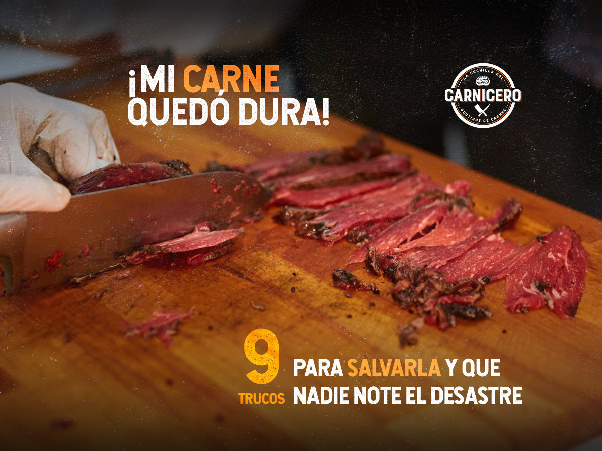 El texto "¡Mi carne quedó dura! 9 trucos para salvarla y que nadie note el desastre!", sobre una imagen con un corte de res asado y siendo cortado con un cuchillo sostenido por una mano con guante de látex blanco. 